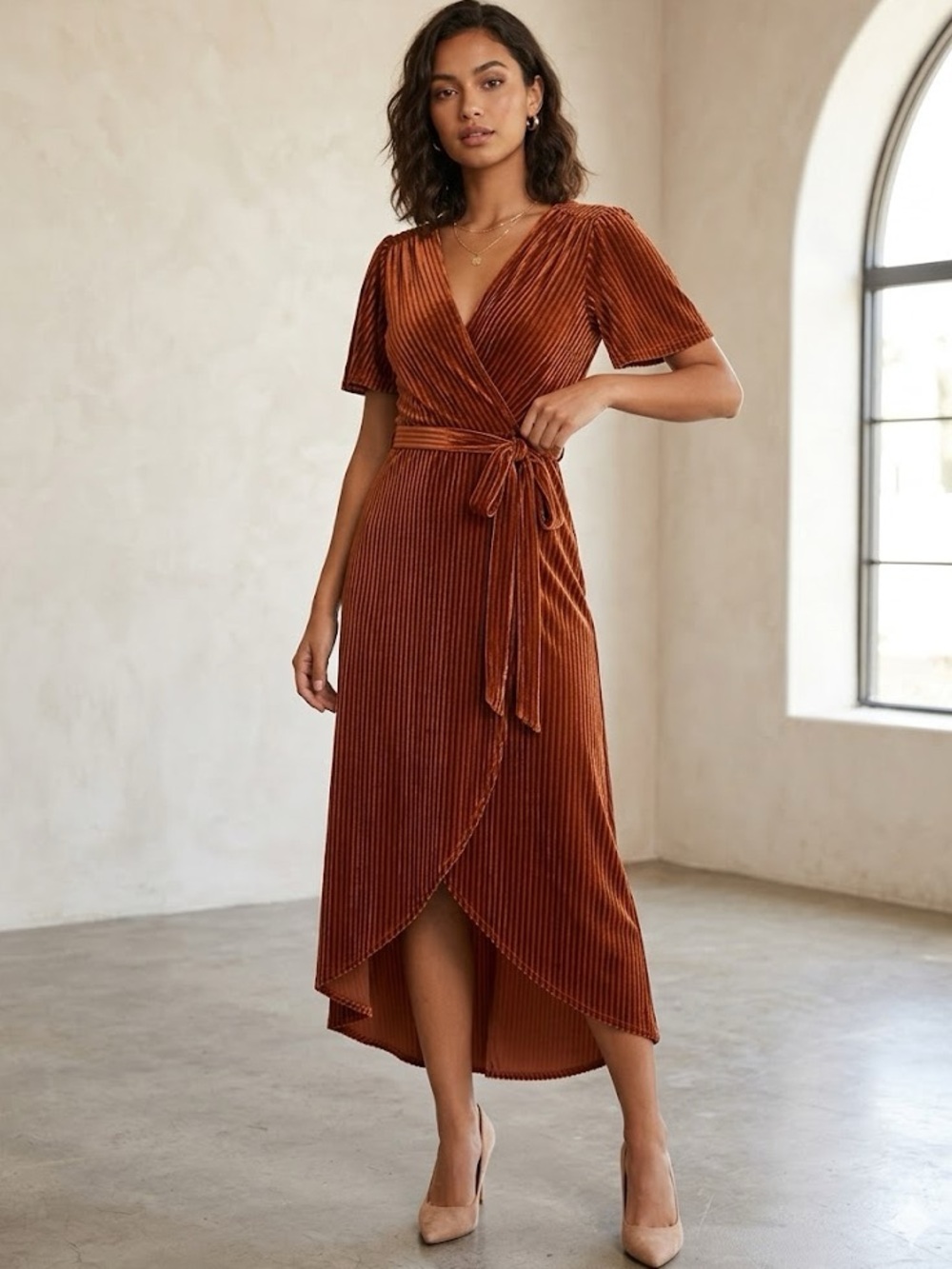 Simplee Velvet Short Sleeve Rust Wrap Dress Burnt Orange Medium